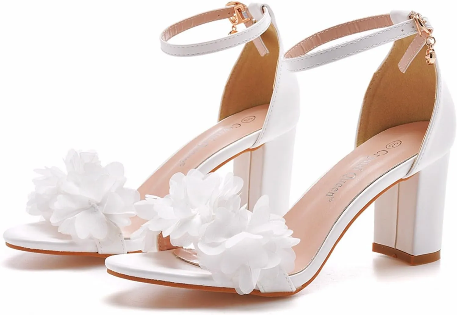 Women's Flower Chunky Sandals Ankle Strap Wedding Dress Pump Shoes 7Cm Bridal Peep Toe High Block Heels Wedding Party Bridal Court Shoes