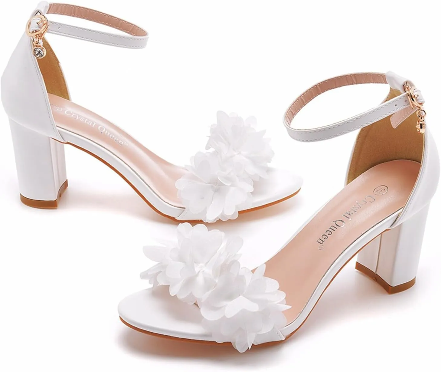 Women's Flower Chunky Sandals Ankle Strap Wedding Dress Pump Shoes 7Cm Bridal Peep Toe High Block Heels Wedding Party Bridal Court Shoes