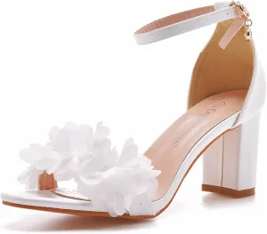Women's Flower Chunky Sandals Ankle Strap Wedding Dress Pump Shoes 7Cm Bridal Peep Toe High Block Heels Wedding Party Bridal Court Shoes