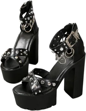 Women’s Gothic Platform Chunky Heel Sandals – Punk High Heels with Studded Straps, Metal Rings & Buckles – Ankle Strap Block Heels for Nightclub, Y2K Outfits, Alternative Fashion & Stage Looks