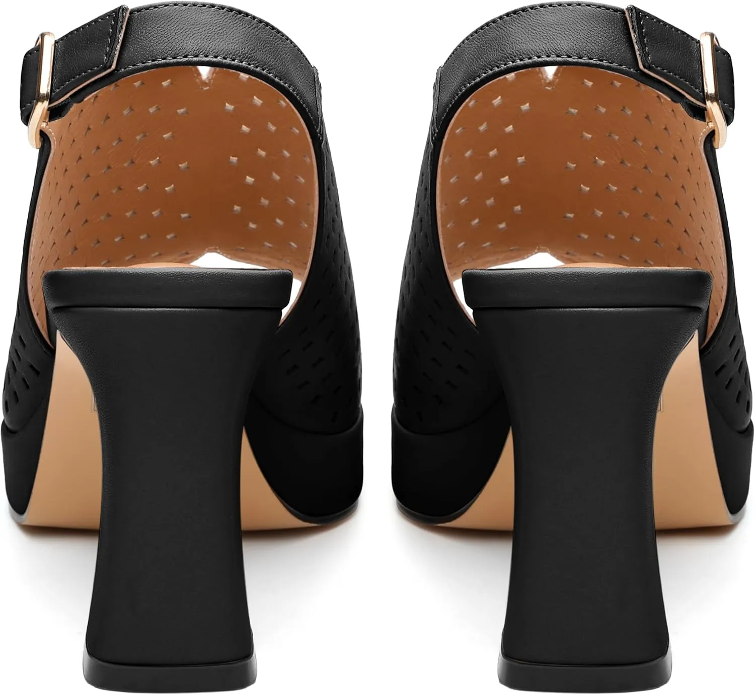 Womens Heeled Platform Sandals, Chunky Heel Square Peep Toe Hollow Out Slingback Sandals, Leather Upper, Lining and Insole Shoes for Women 3.3"
