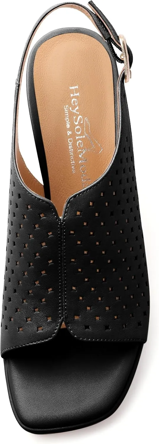 Womens Heeled Platform Sandals, Chunky Heel Square Peep Toe Hollow Out Slingback Sandals, Leather Upper, Lining and Insole Shoes for Women 3.3"