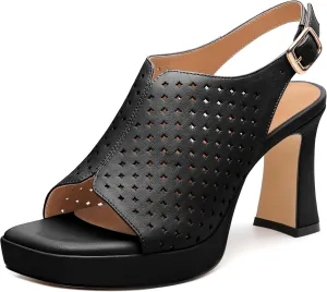 Womens Heeled Platform Sandals, Chunky Heel Square Peep Toe Hollow Out Slingback Sandals, Leather Upper, Lining and Insole Shoes for Women 3.3"