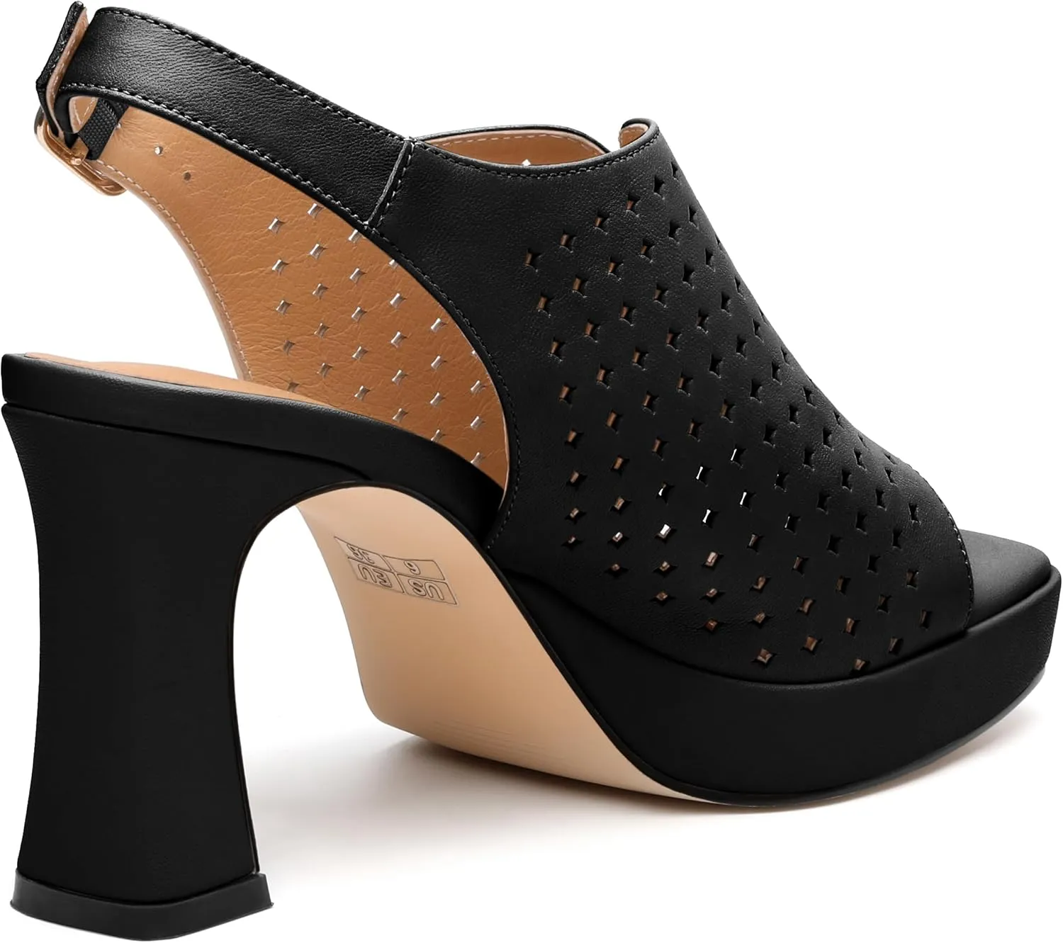 Womens Heeled Platform Sandals, Chunky Heel Square Peep Toe Hollow Out Slingback Sandals, Leather Upper, Lining and Insole Shoes for Women 3.3"