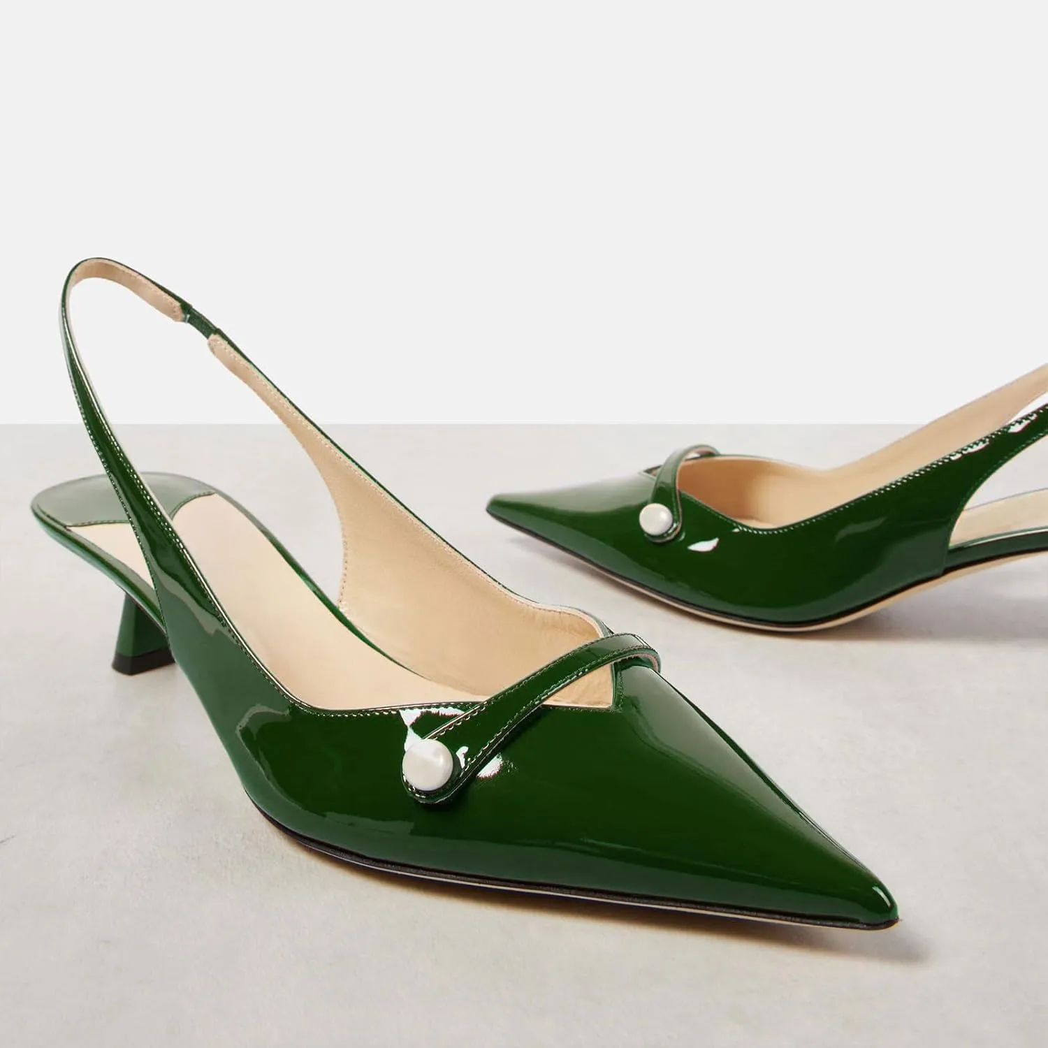 Women's Kitten Heel Pointed Toe Slingback Shoes Comfort Low Heel Slip On Patent/Embossed Leather Dress Pumps Fashion Pearl Party Casual Work Slingback Heels for Women