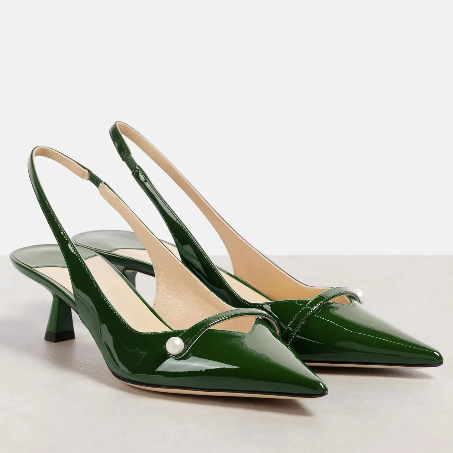 Women's Kitten Heel Pointed Toe Slingback Shoes Comfort Low Heel Slip On Patent/Embossed Leather Dress Pumps Fashion Pearl Party Casual Work Slingback Heels for Women