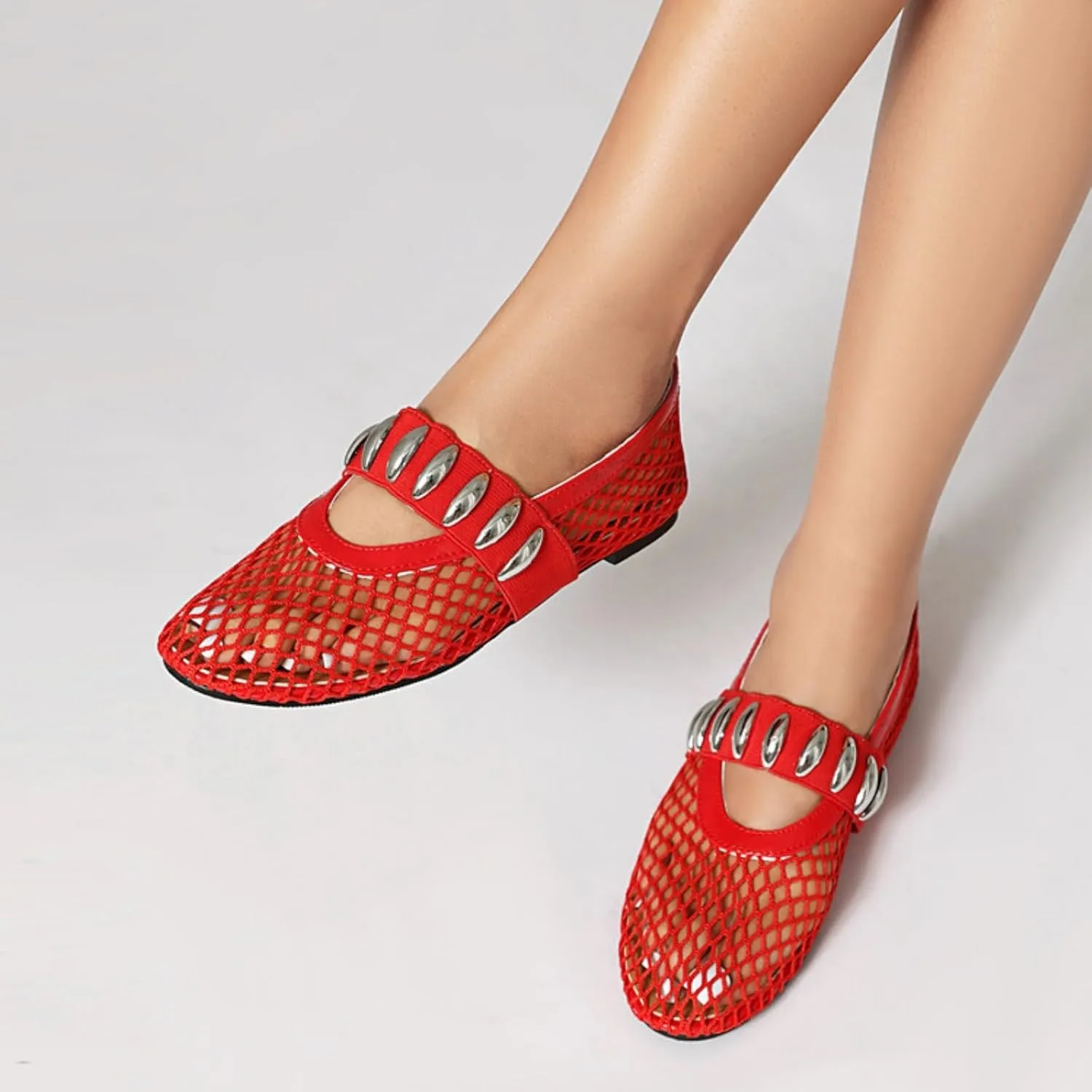 Women's Mesh Ballet Flats Casual Round Toe Strap Buckle Mary Jane Flat Pumps Shoes