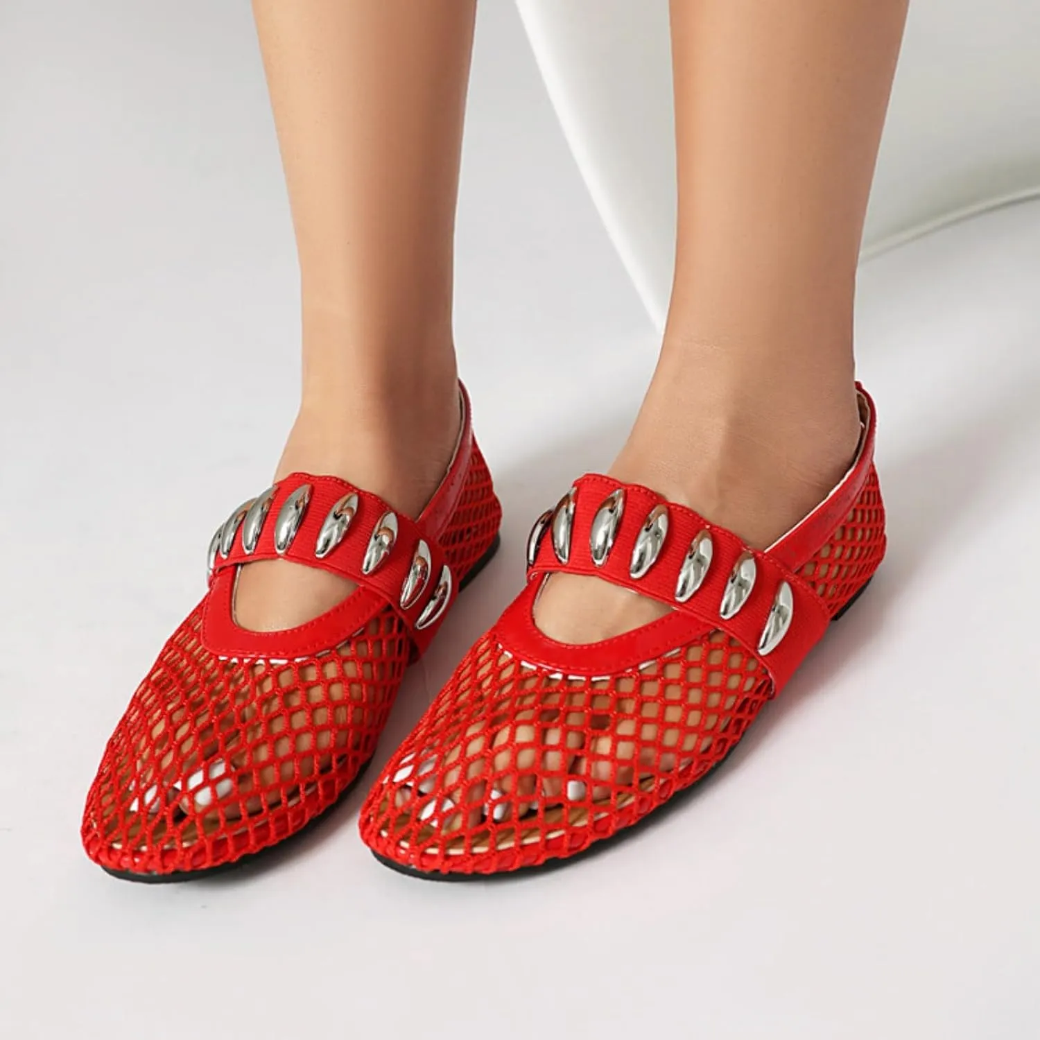 Women's Mesh Ballet Flats Casual Round Toe Strap Buckle Mary Jane Flat Pumps Shoes