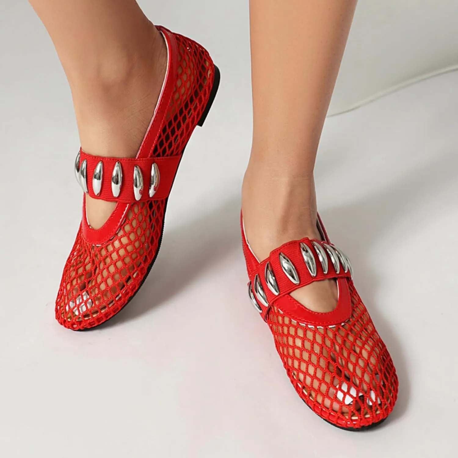 Women's Mesh Ballet Flats Casual Round Toe Strap Buckle Mary Jane Flat Pumps Shoes