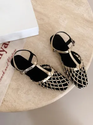 Women's Mesh Ballet Flats Open Toe Square Toe Woven Sandals Leather Woven Adjustable Mary Jane Shoes