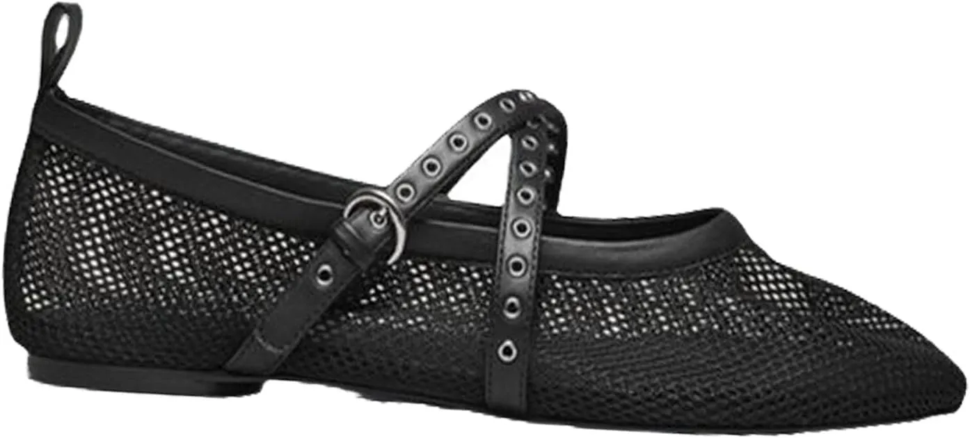 Women's Mesh Breathable Flat Mary Jane Shoes Strap Buckle Ballet Flats Fashion Adjustable Strap Round Toe Fishnet Shoes Summer Comfortable Anti-Slip Tulle Casual Ballerina Shoes