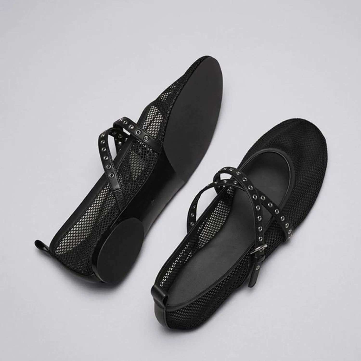 Women's Mesh Breathable Flat Mary Jane Shoes Strap Buckle Ballet Flats Fashion Adjustable Strap Round Toe Fishnet Shoes Summer Comfortable Anti-Slip Tulle Casual Ballerina Shoes