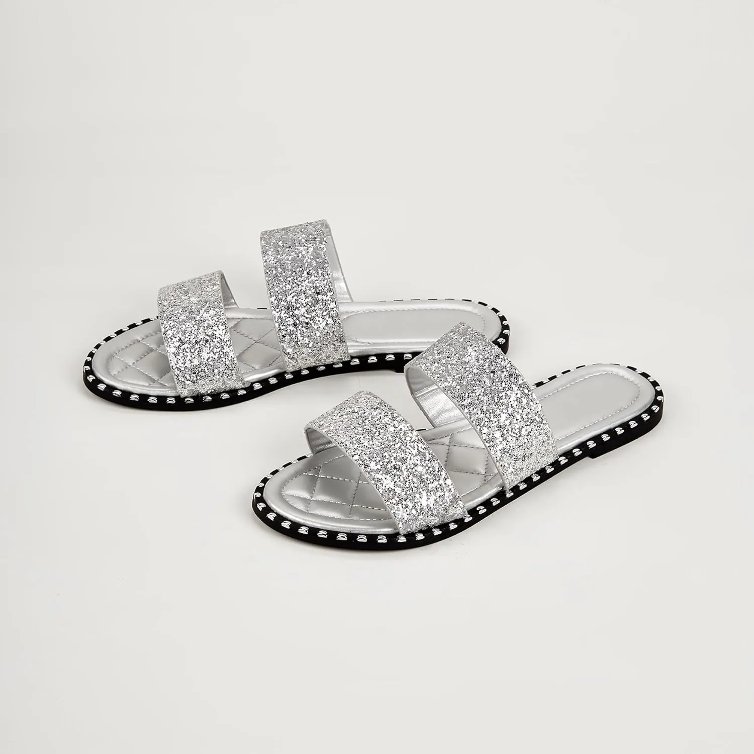 Women's Open Toe Flat Sandals Rhinestone Glitter On Casual Fashion Slippers Quick Drying Indoor & Outdoor Slides