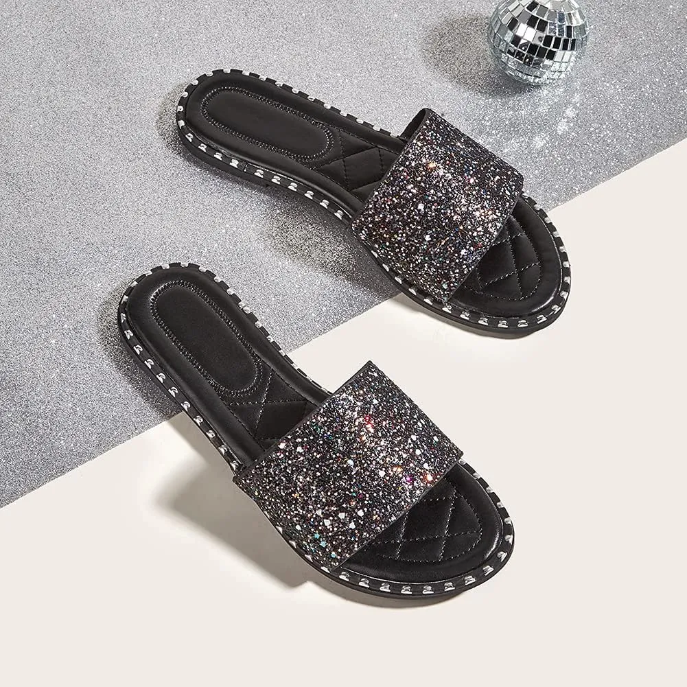 Women's Open Toe Flat Sandals Rhinestone Glitter On Casual Fashion Slippers Quick Drying Indoor & Outdoor Slides