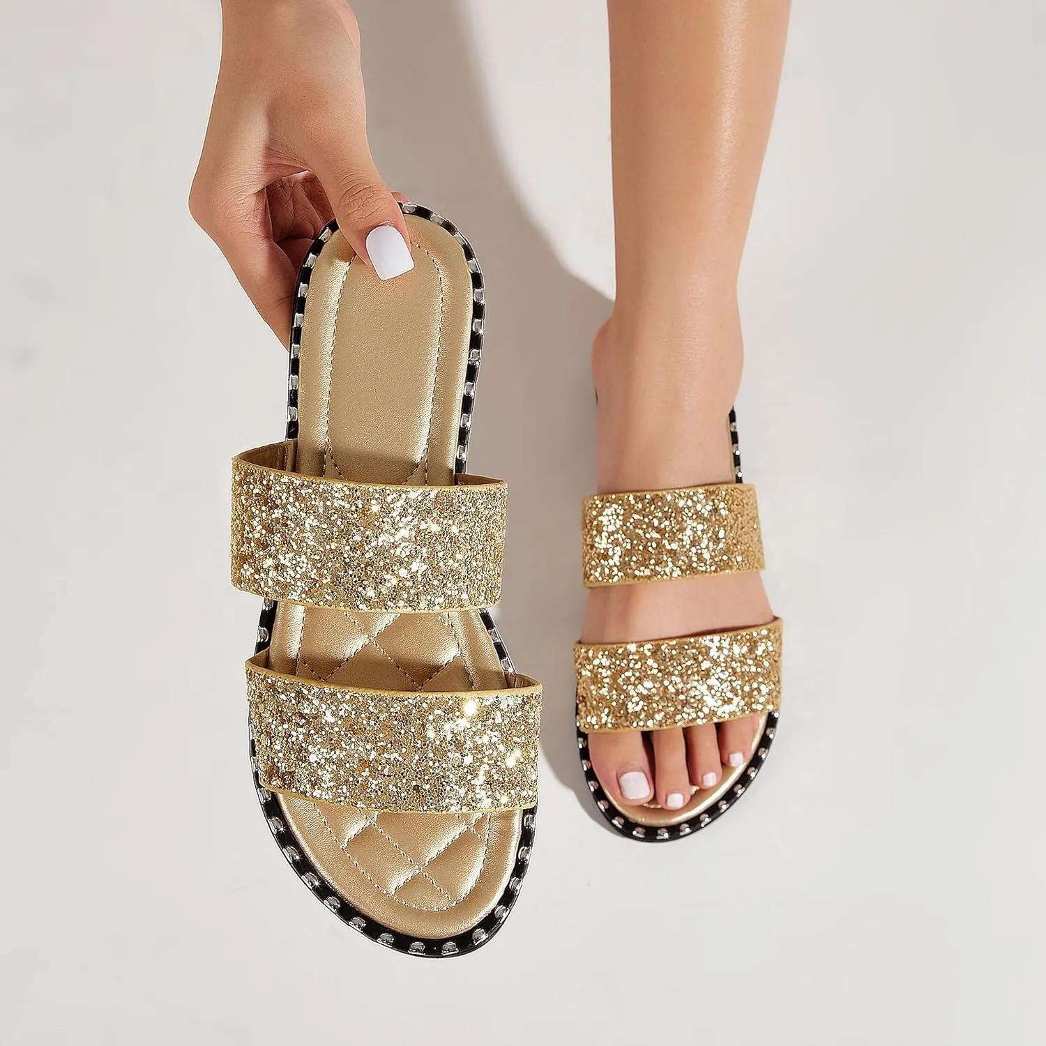 Women's Open Toe Flat Sandals Rhinestone Glitter On Casual Fashion Slippers Quick Drying Indoor & Outdoor Slides