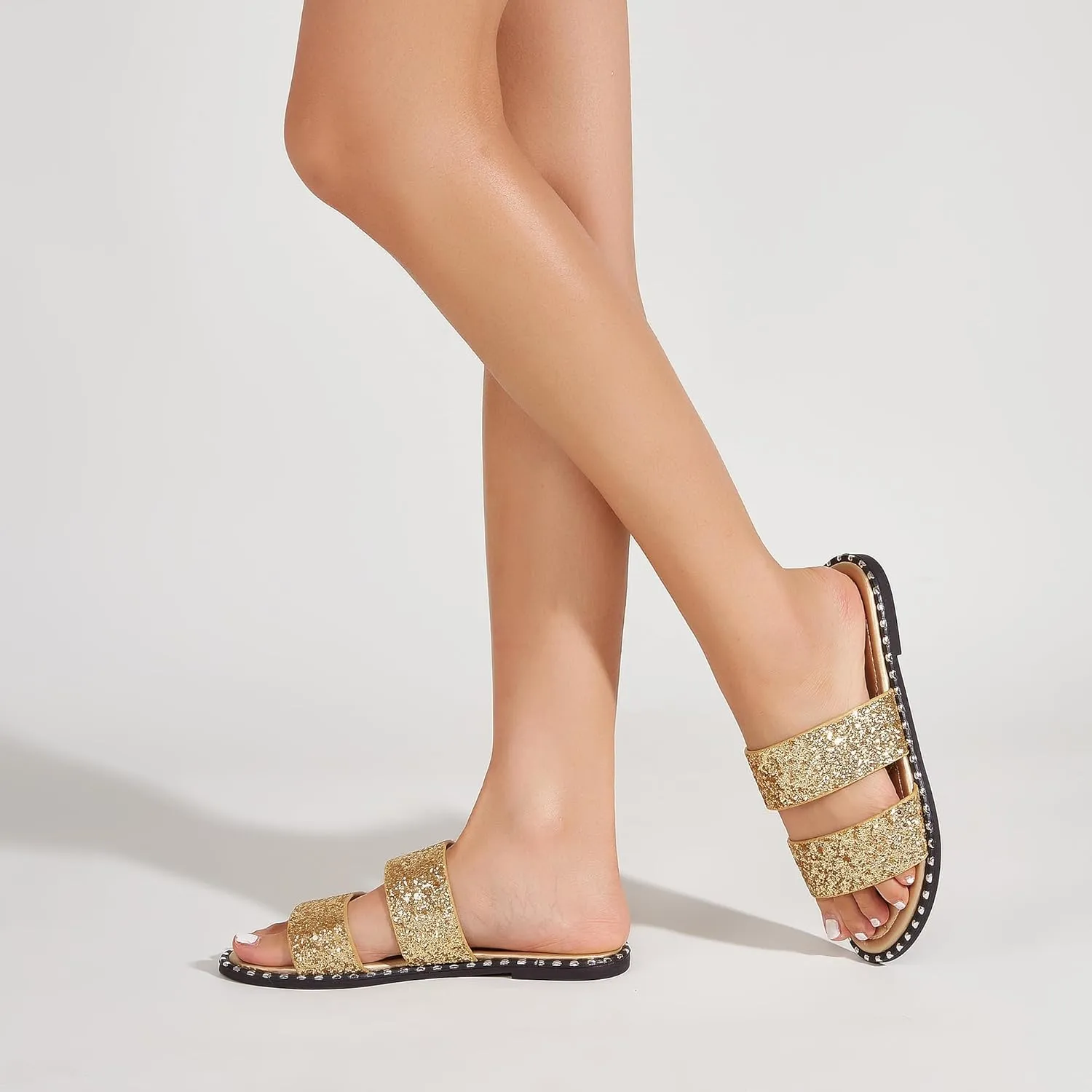 Women's Open Toe Flat Sandals Rhinestone Glitter On Casual Fashion Slippers Quick Drying Indoor & Outdoor Slides