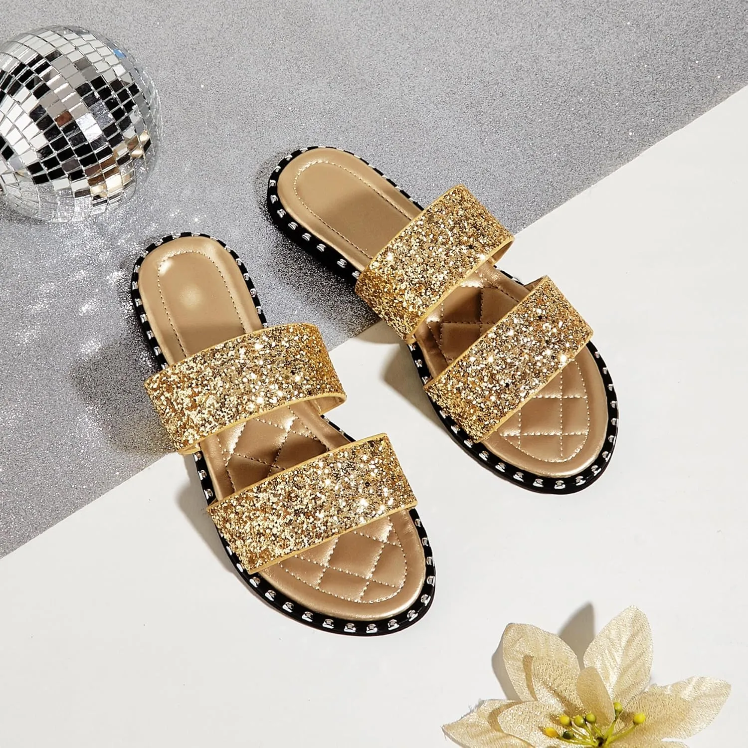Women's Open Toe Flat Sandals Rhinestone Glitter On Casual Fashion Slippers Quick Drying Indoor & Outdoor Slides