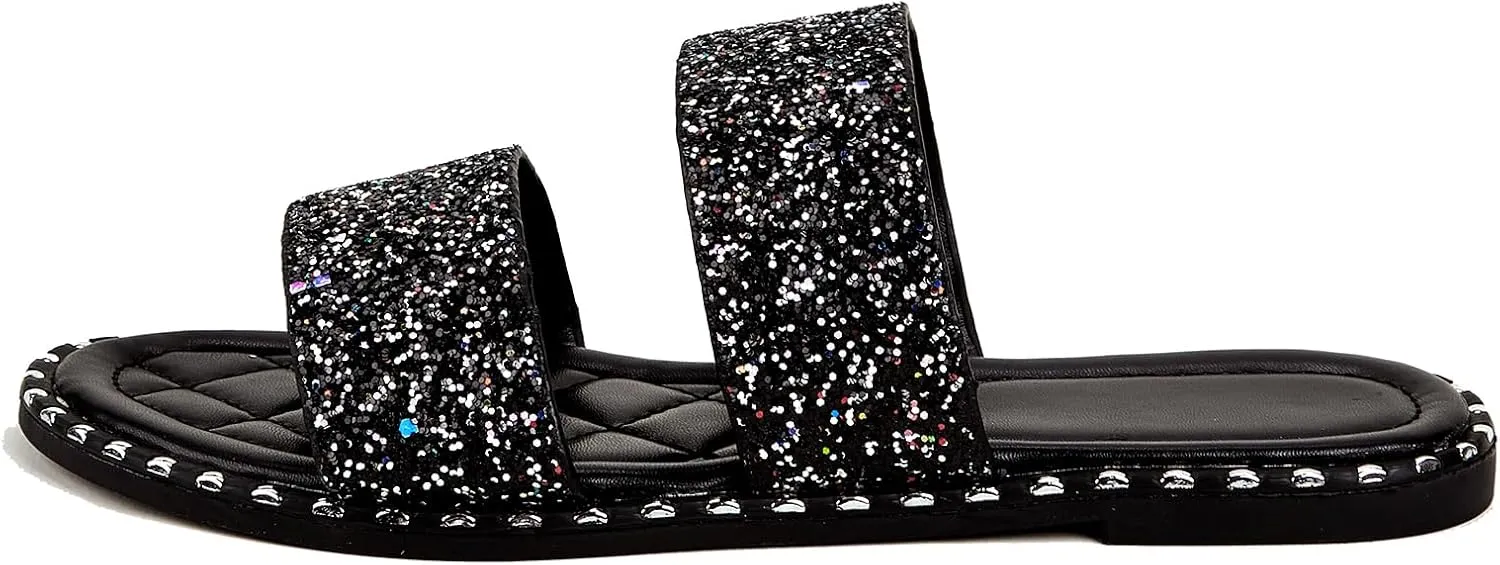 Women's Open Toe Flat Sandals Rhinestone Glitter On Casual Fashion Slippers Quick Drying Indoor & Outdoor Slides