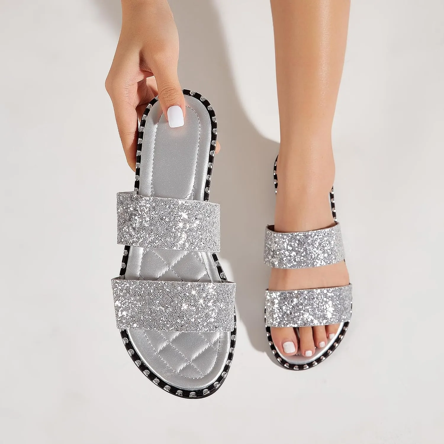 Women's Open Toe Flat Sandals Rhinestone Glitter On Casual Fashion Slippers Quick Drying Indoor & Outdoor Slides