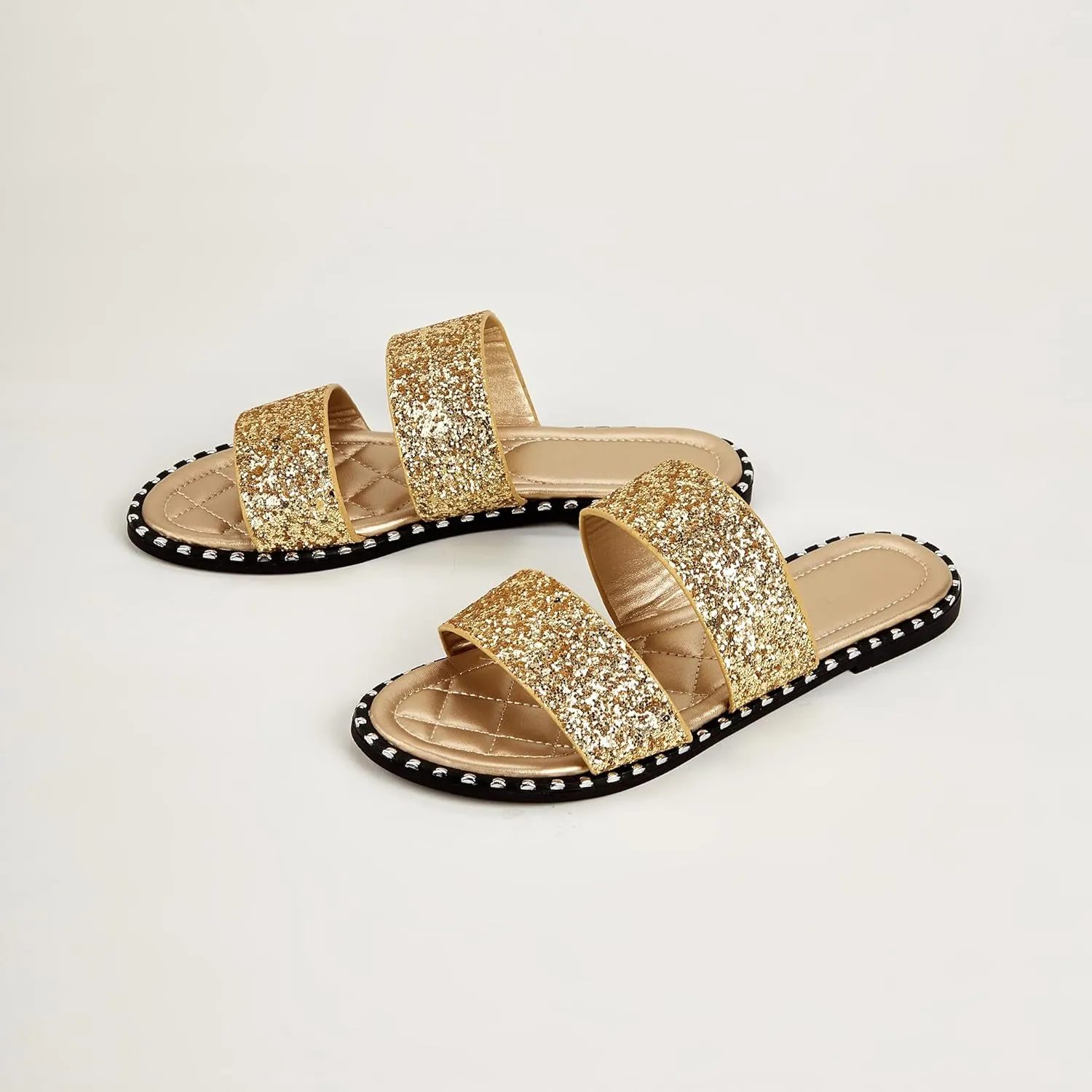 Women's Open Toe Flat Sandals Rhinestone Glitter On Casual Fashion Slippers Quick Drying Indoor & Outdoor Slides