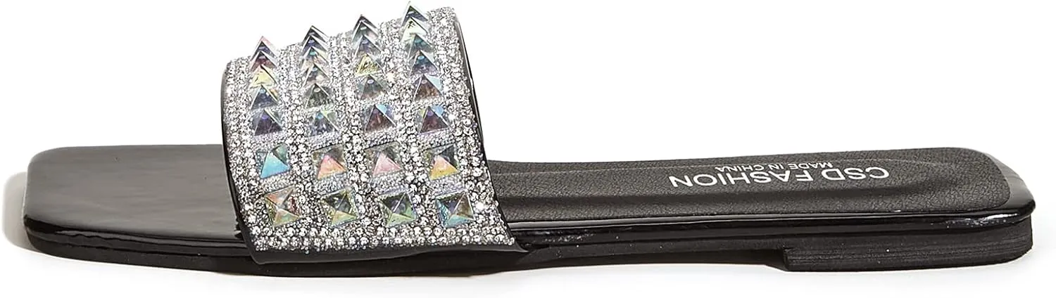 Women's Open Toe Flat Sandals Rhinestone Glitter On Casual Fashion Slippers Quick Drying Indoor & Outdoor Slides