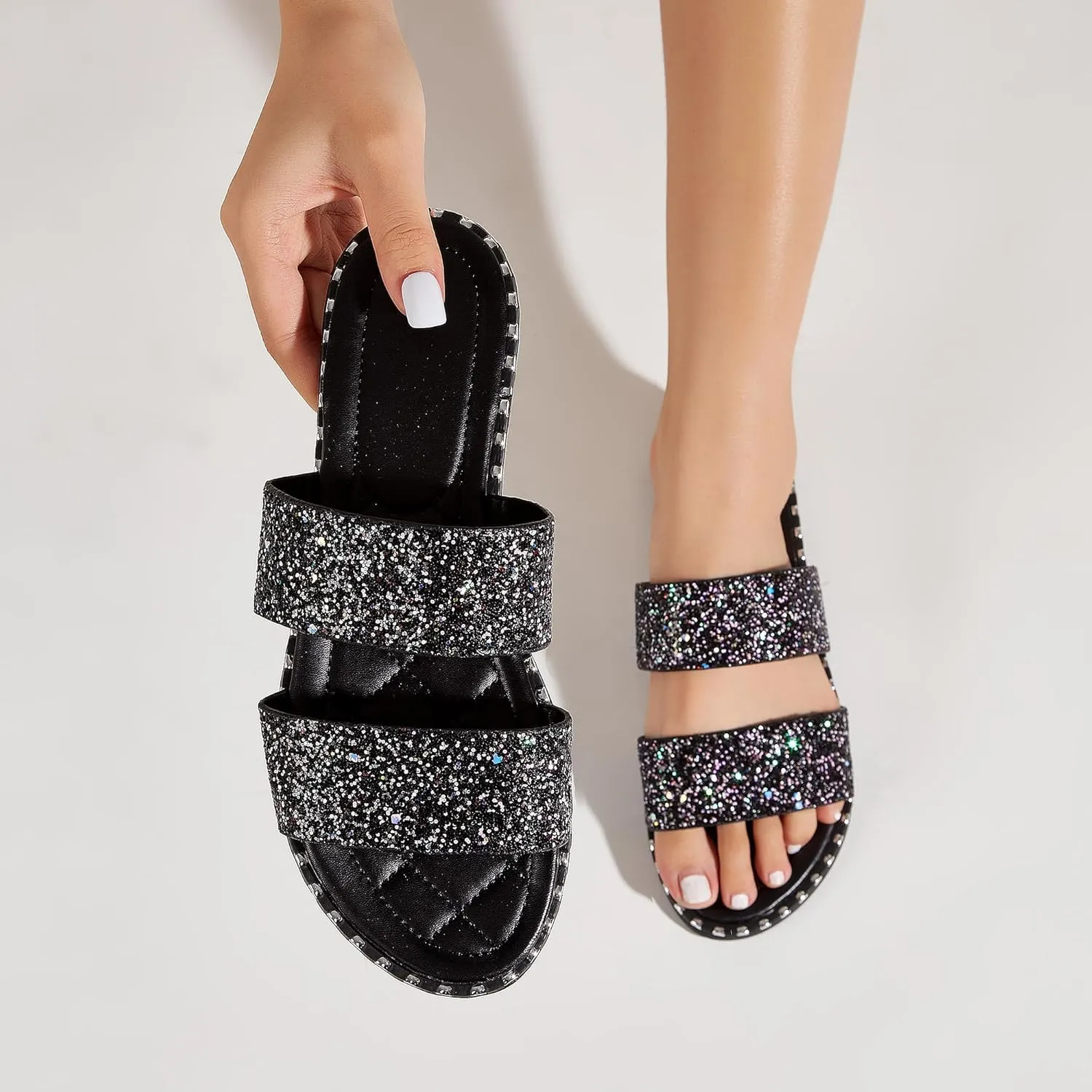 Women's Open Toe Flat Sandals Rhinestone Glitter On Casual Fashion Slippers Quick Drying Indoor & Outdoor Slides