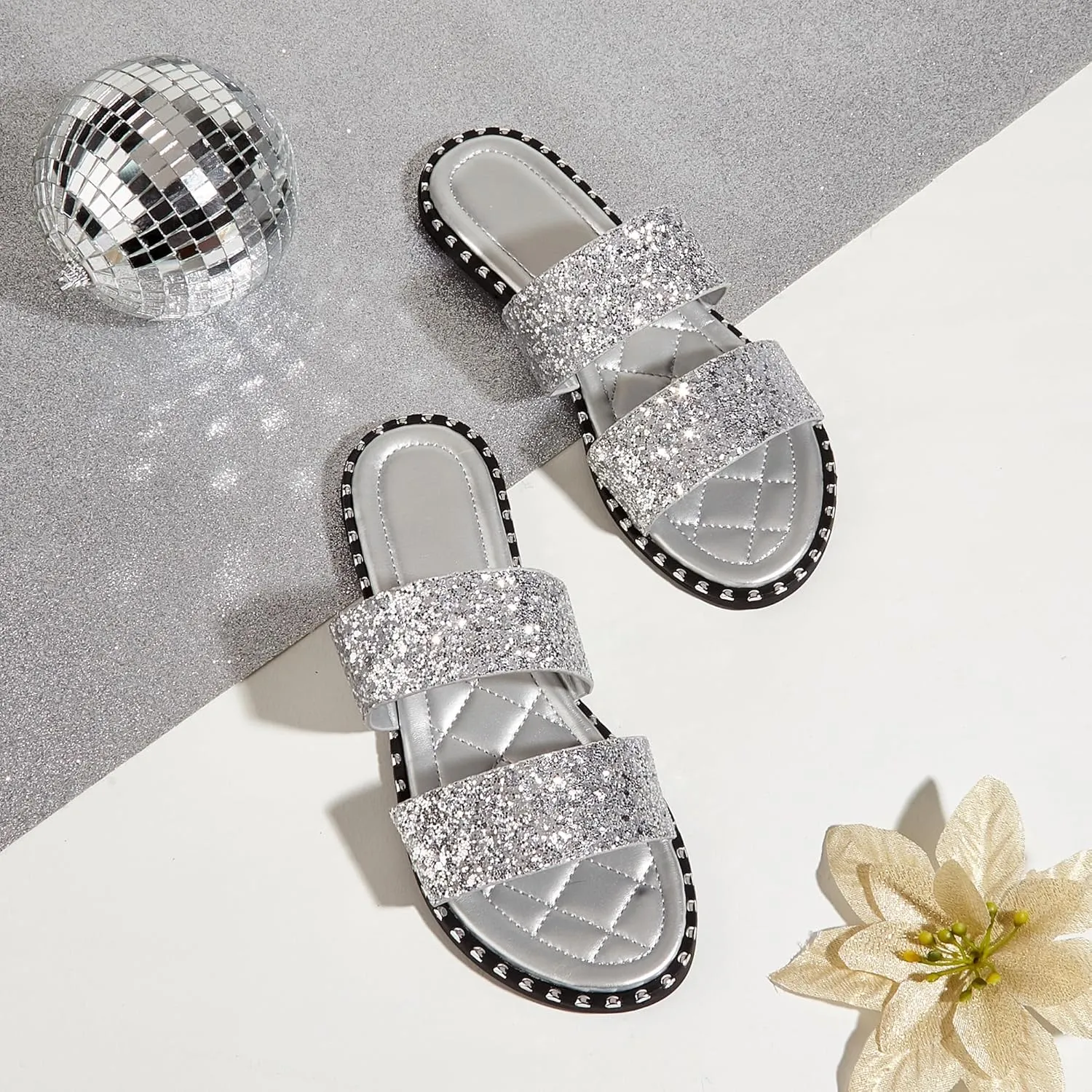 Women's Open Toe Flat Sandals Rhinestone Glitter On Casual Fashion Slippers Quick Drying Indoor & Outdoor Slides