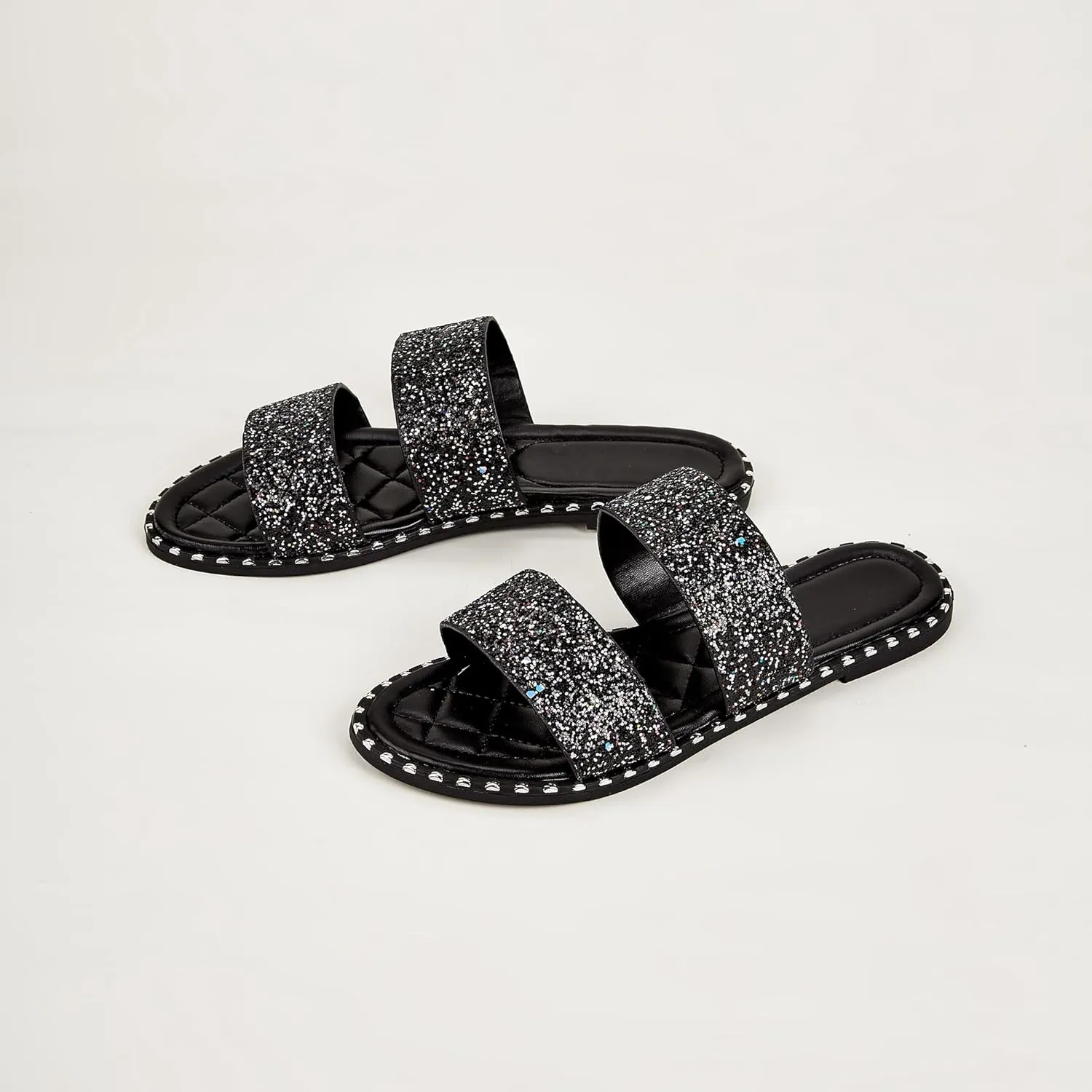 Women's Open Toe Flat Sandals Rhinestone Glitter On Casual Fashion Slippers Quick Drying Indoor & Outdoor Slides