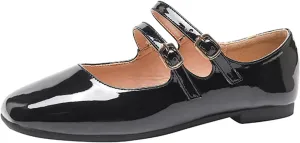 Women's Patent Leather Flat Mary Jane Shoes Elegant Square Toe Two Ankle Strap Ballet Flats for Walking Work Dressy & Casual