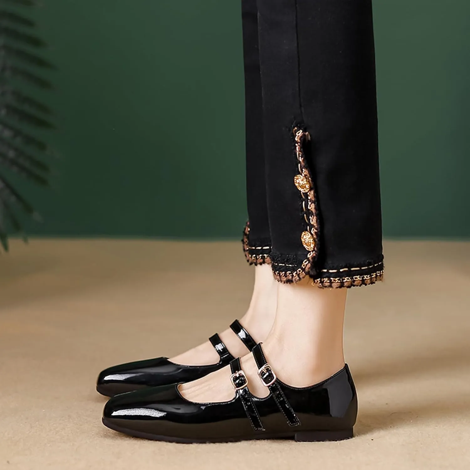 Women's Patent Leather Flat Mary Jane Shoes Elegant Square Toe Two Ankle Strap Ballet Flats for Walking Work Dressy & Casual
