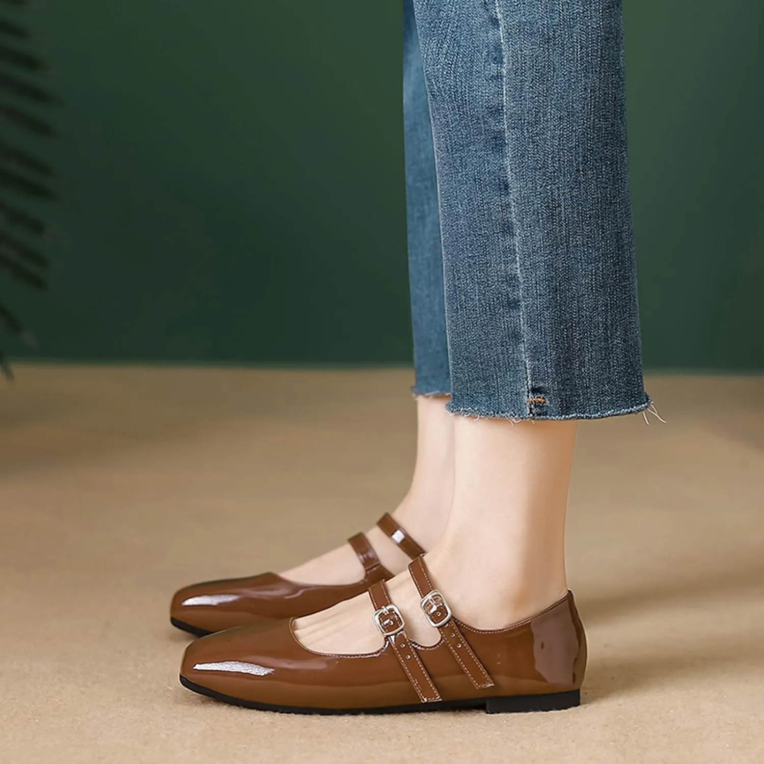 Women's Patent Leather Flat Mary Jane Shoes Elegant Square Toe Two Ankle Strap Ballet Flats for Walking Work Dressy & Casual