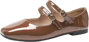 Women's Patent Leather Flat Mary Jane Shoes Elegant Square Toe Two Ankle Strap Ballet Flats for Walking Work Dressy & Casual