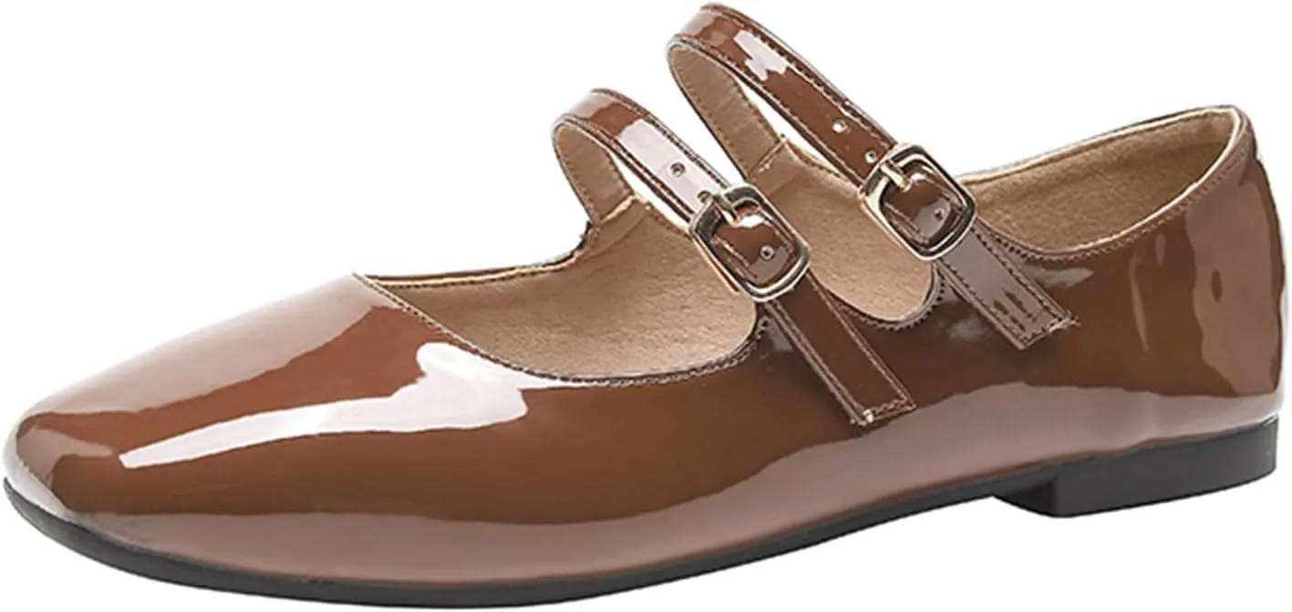 Women's Patent Leather Flat Mary Jane Shoes Elegant Square Toe Two Ankle Strap Ballet Flats for Walking Work Dressy & Casual