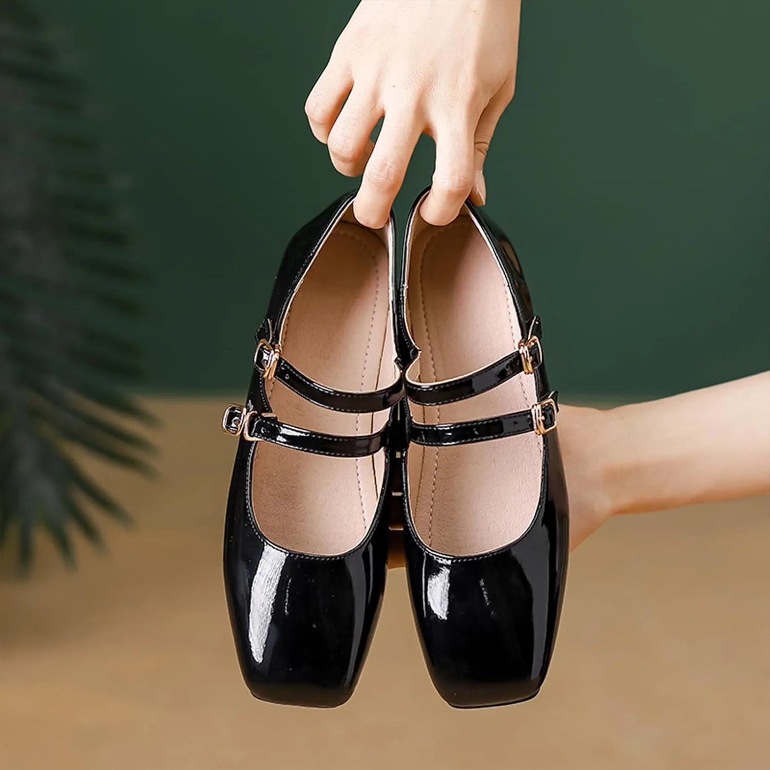 Women's Patent Leather Flat Mary Jane Shoes Elegant Square Toe Two Ankle Strap Ballet Flats for Walking Work Dressy & Casual