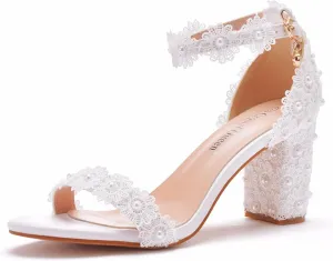 Women's Peep Toe Block Heels Chunky Sandals Ankle Strap Wedding Dress Pump Shoes 7CM Lace Bridal Wedding Shoes
