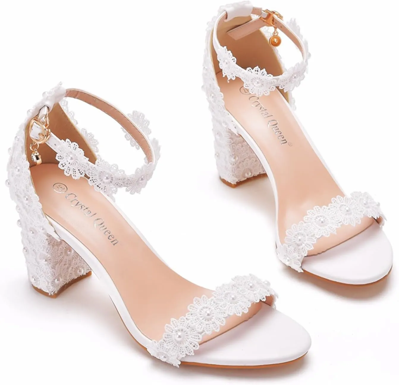 Women's Peep Toe Block Heels Chunky Sandals Ankle Strap Wedding Dress Pump Shoes 7CM Lace Bridal Wedding Shoes