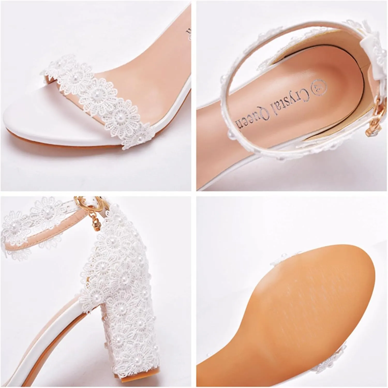 Women's Peep Toe Block Heels Chunky Sandals Ankle Strap Wedding Dress Pump Shoes 7CM Lace Bridal Wedding Shoes