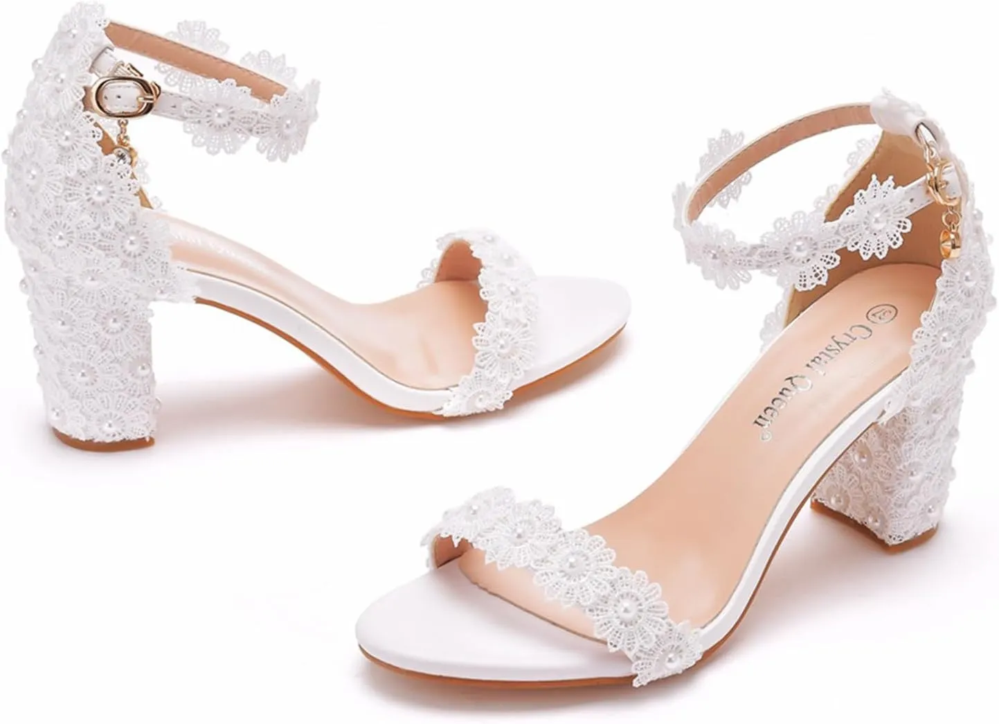 Women's Peep Toe Block Heels Chunky Sandals Ankle Strap Wedding Dress Pump Shoes 7CM Lace Bridal Wedding Shoes