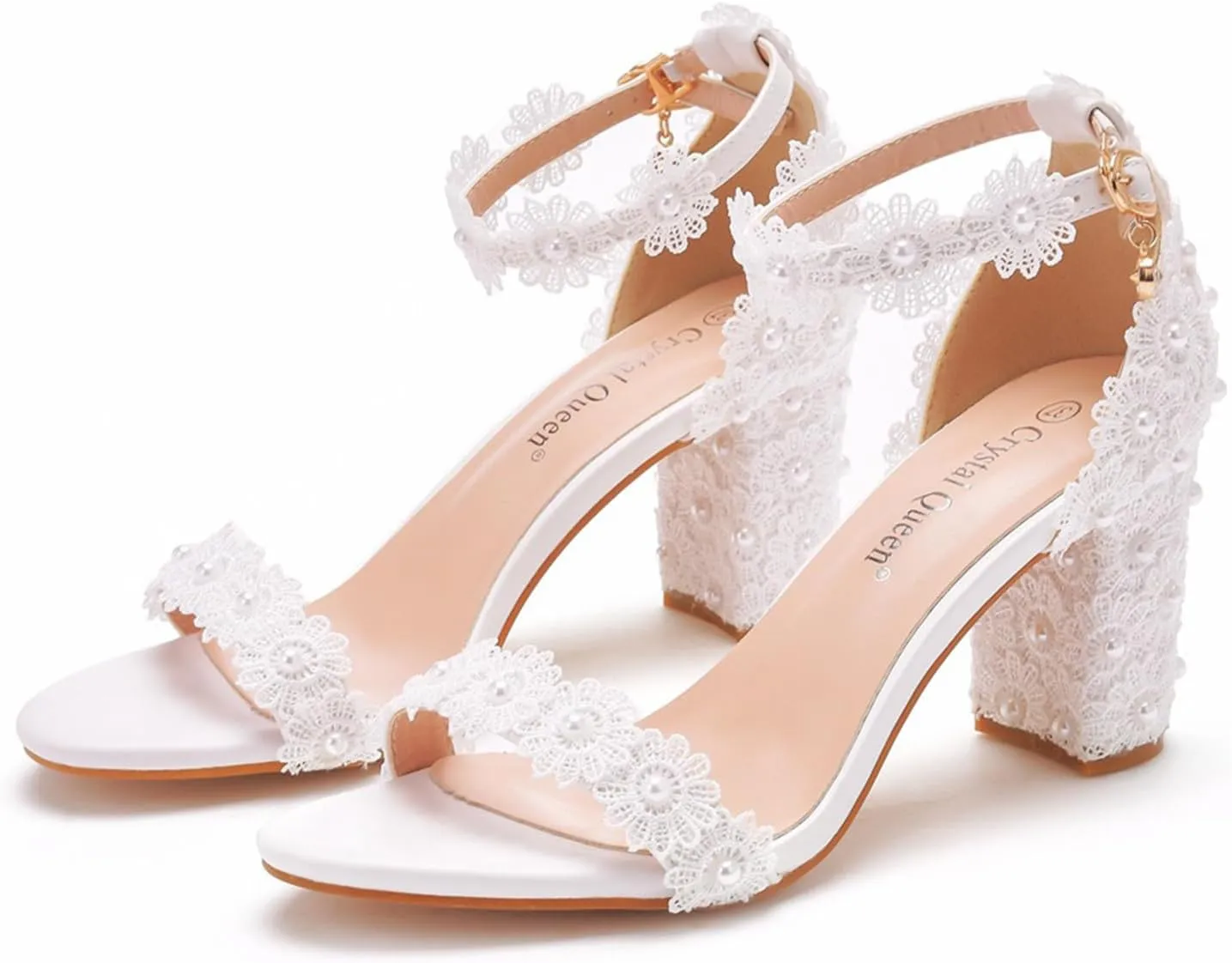 Women's Peep Toe Block Heels Chunky Sandals Ankle Strap Wedding Dress Pump Shoes 7CM Lace Bridal Wedding Shoes