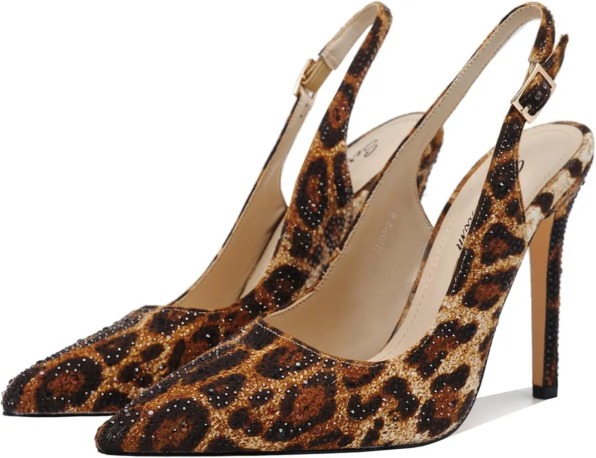 Women's Pointed Toe Rhinestone Ankle Strap Print Stiletto Sandals 4.3IN Heel Dressy Nightclub Party Wedding Shoes