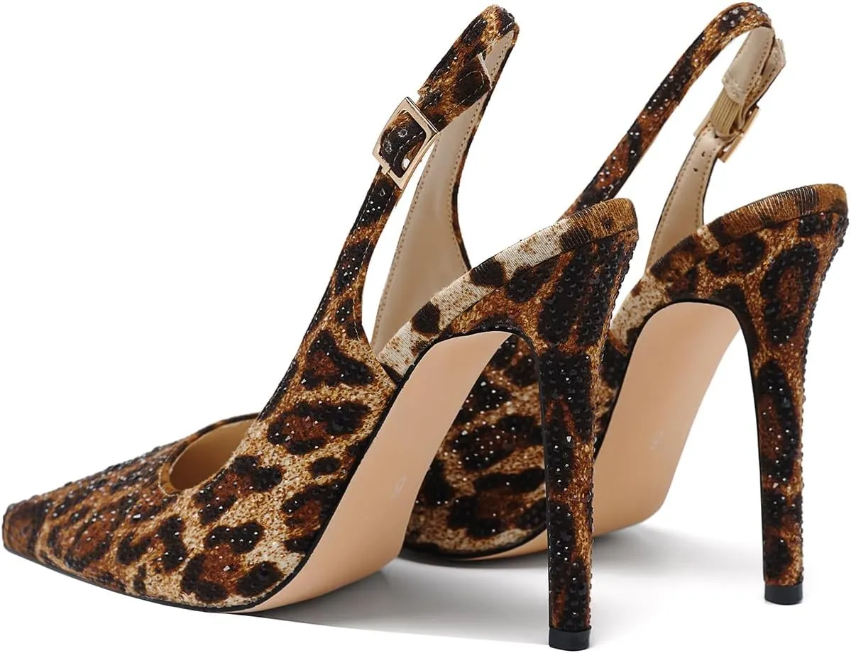 Women's Pointed Toe Rhinestone Ankle Strap Print Stiletto Sandals 4.3IN Heel Dressy Nightclub Party Wedding Shoes