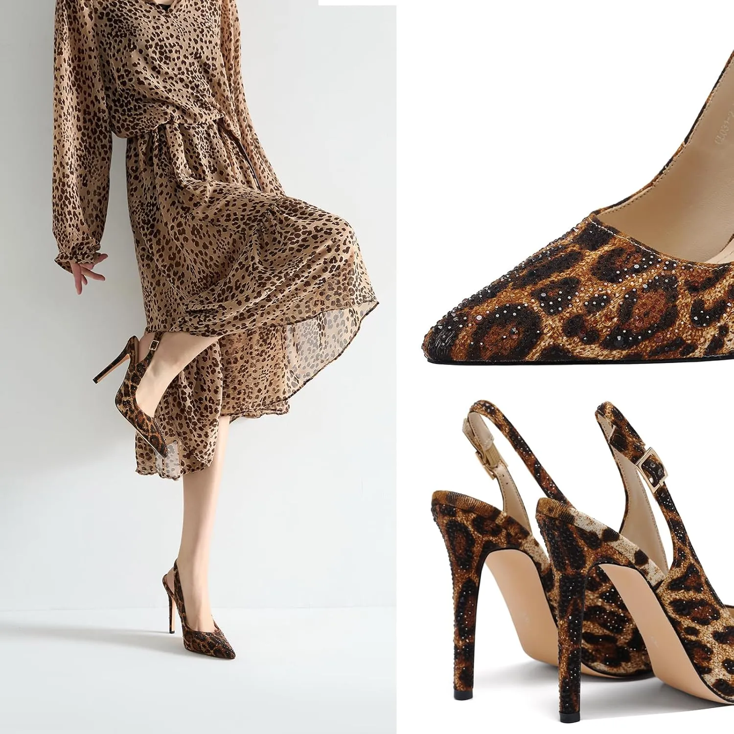 Women's Pointed Toe Rhinestone Ankle Strap Print Stiletto Sandals 4.3IN Heel Dressy Nightclub Party Wedding Shoes