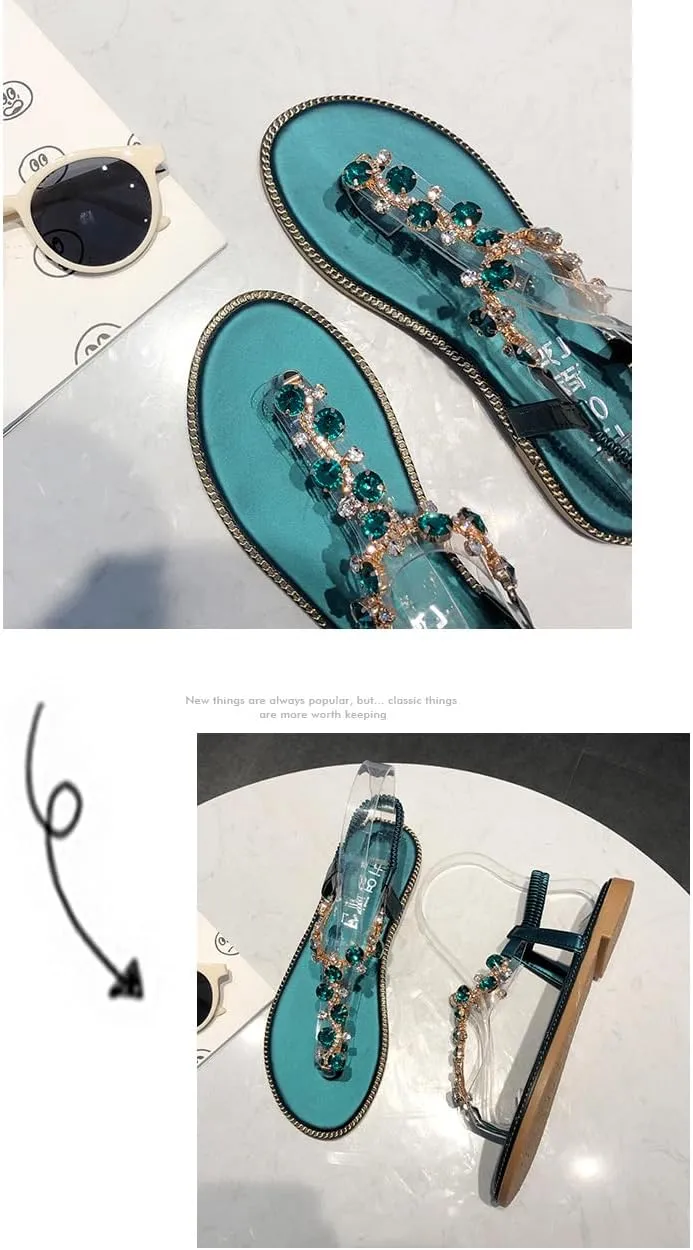 Women's Rhinestone Crystal Flat Sandals, Women Flip Flops with Clip Toe RingBeadeed Rhinestone Crystal Jeweled Sandal Shoes for Summer Beach Oceanside Holiday Outdoor