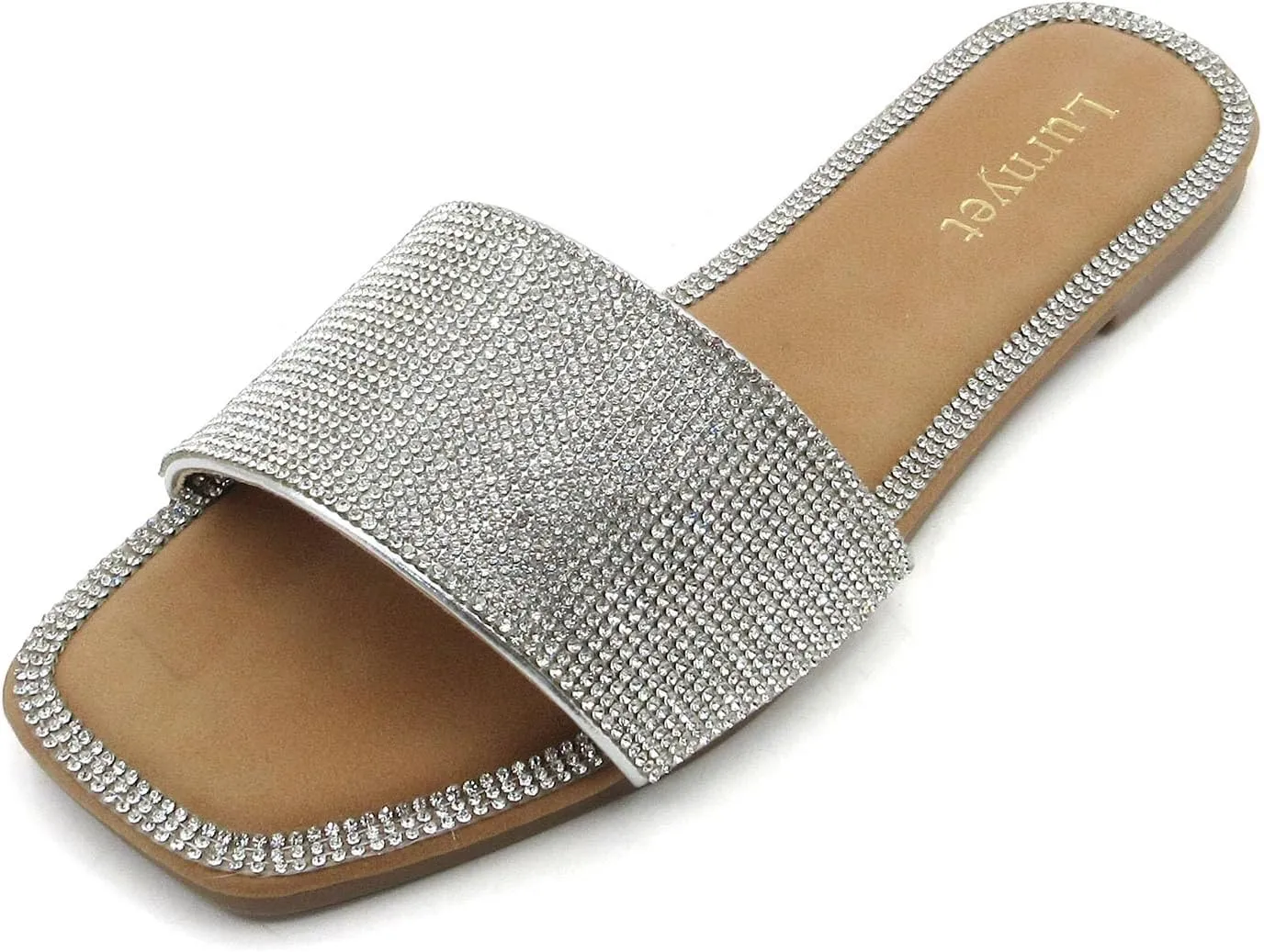 Women's Rhinestone Sandals Slide Casual Flat Sandal Square Open Toe Size 6-10
