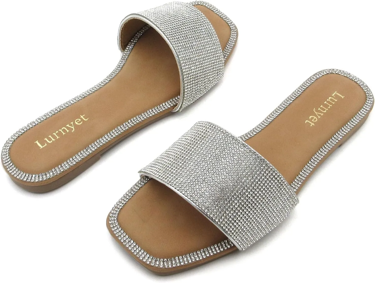Women's Rhinestone Sandals Slide Casual Flat Sandal Square Open Toe Size 6-10