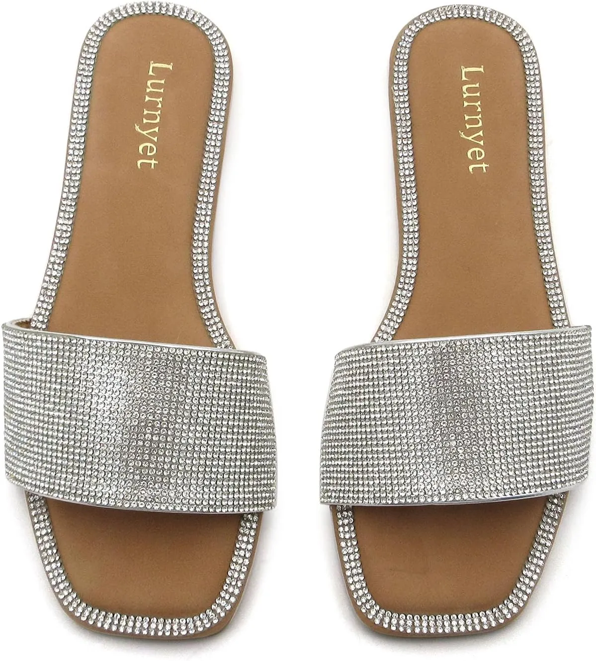 Women's Rhinestone Sandals Slide Casual Flat Sandal Square Open Toe Size 6-10