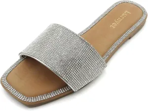 Women's Rhinestone Sandals Slide Casual Flat Sandal Square Open Toe Size 6-10