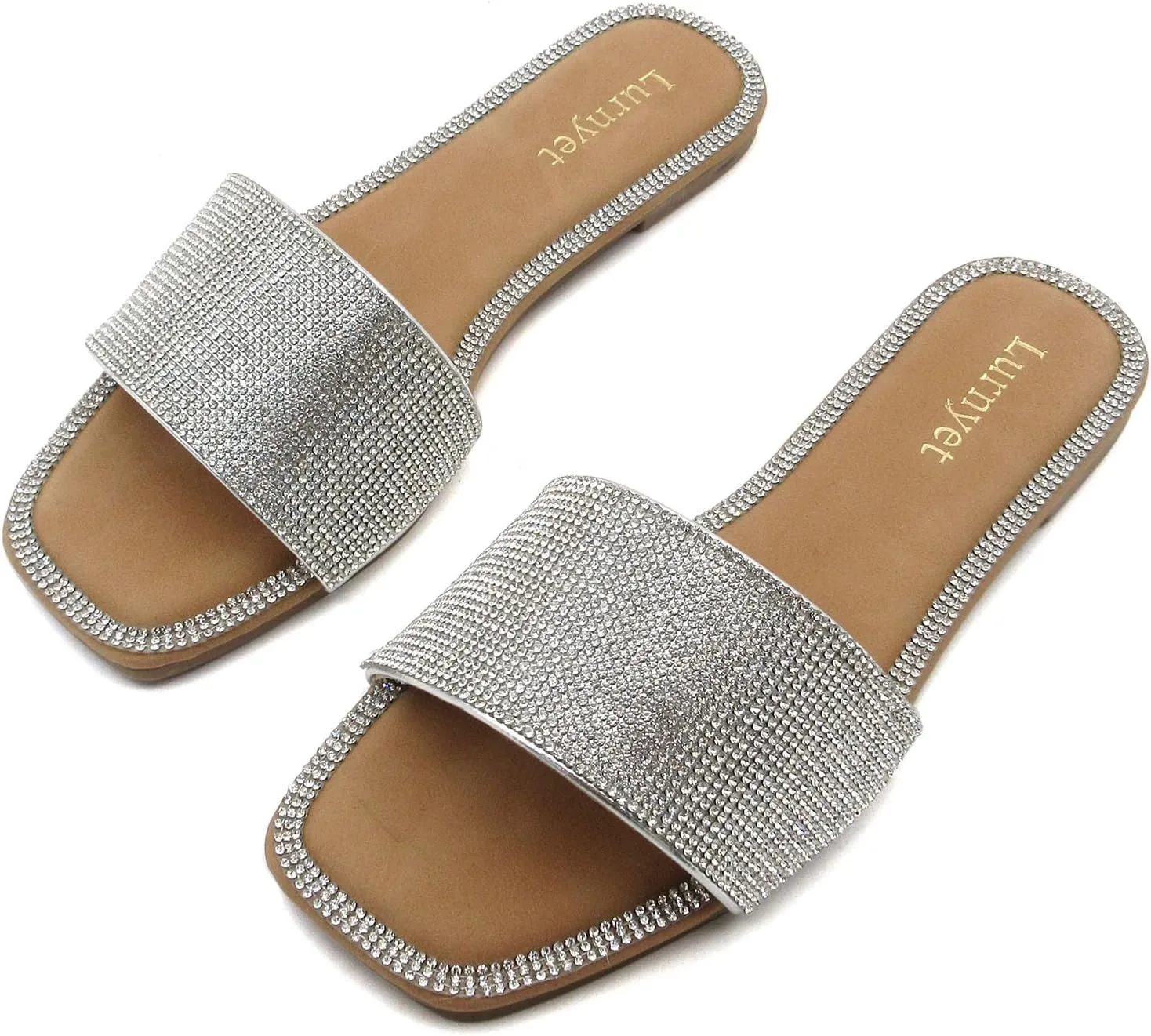 Women's Rhinestone Sandals Slide Casual Flat Sandal Square Open Toe Size 6-10
