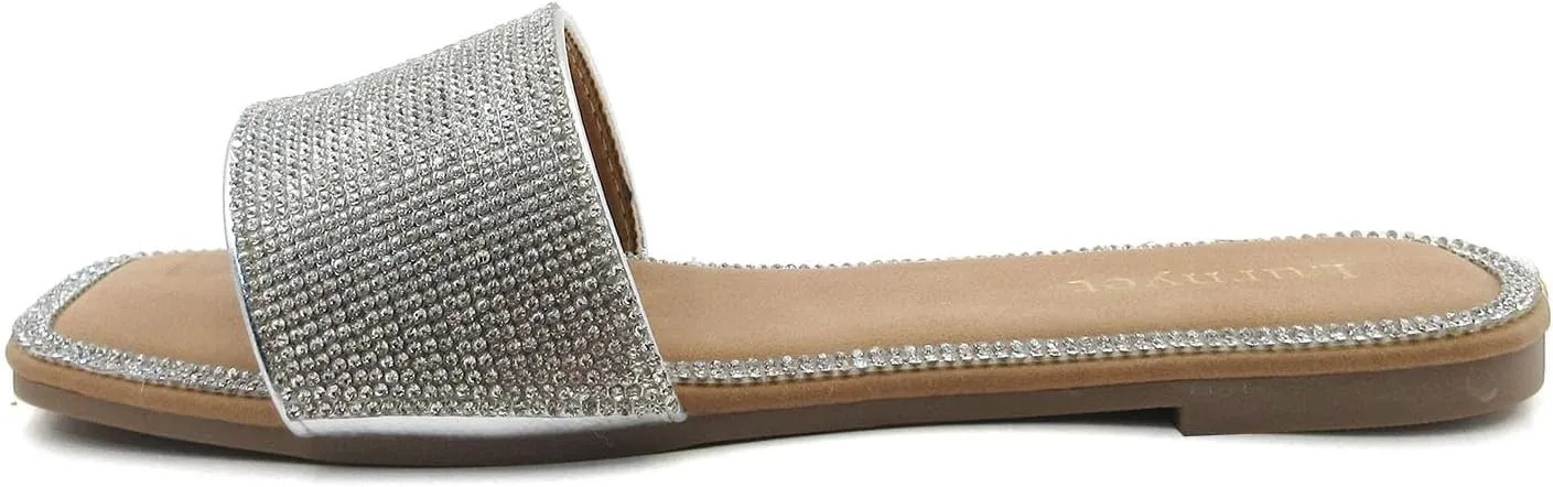 Women's Rhinestone Sandals Slide Casual Flat Sandal Square Open Toe Size 6-10