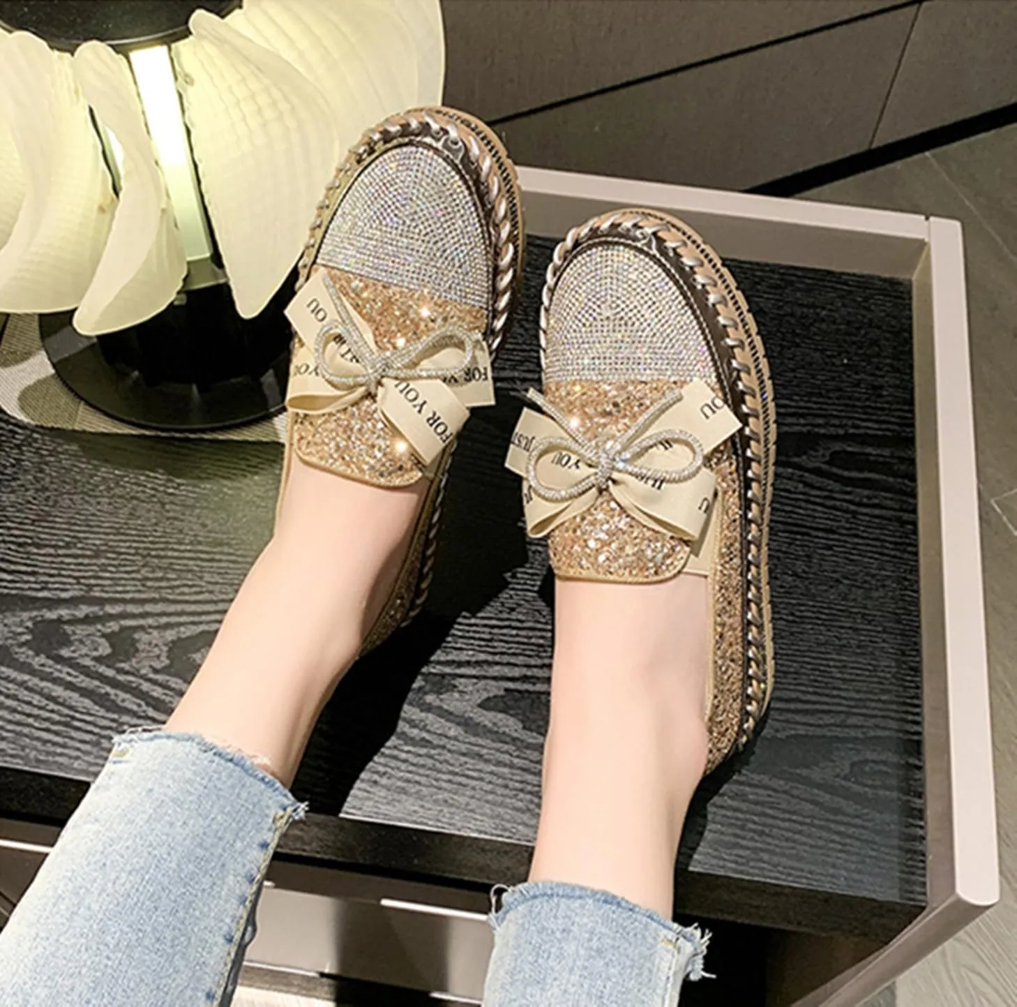 Women's Rhinestones Glitter Platform Slip On Sneakers Casual Cute Bowknot Shiny Walking Shoes Non-Slip Comfortable Dress Flat Loafers
